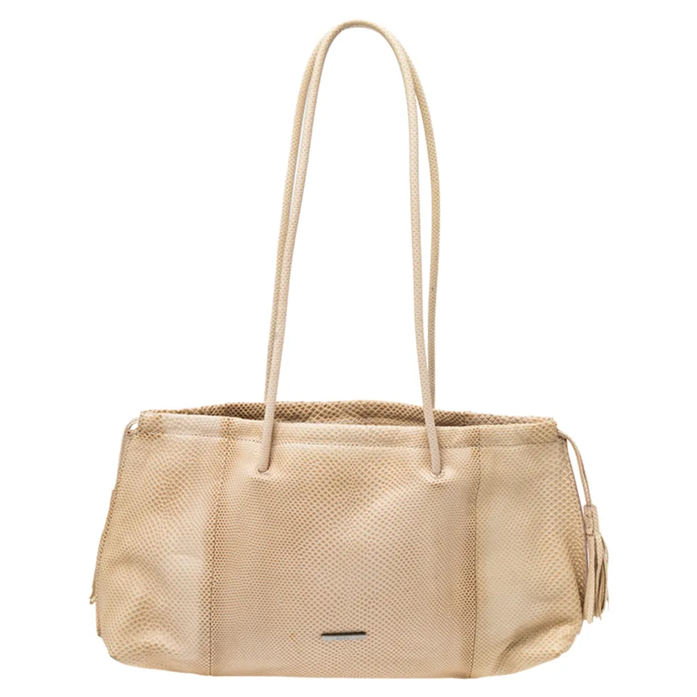 Beige Lizard Drawstring Shoulder Bag