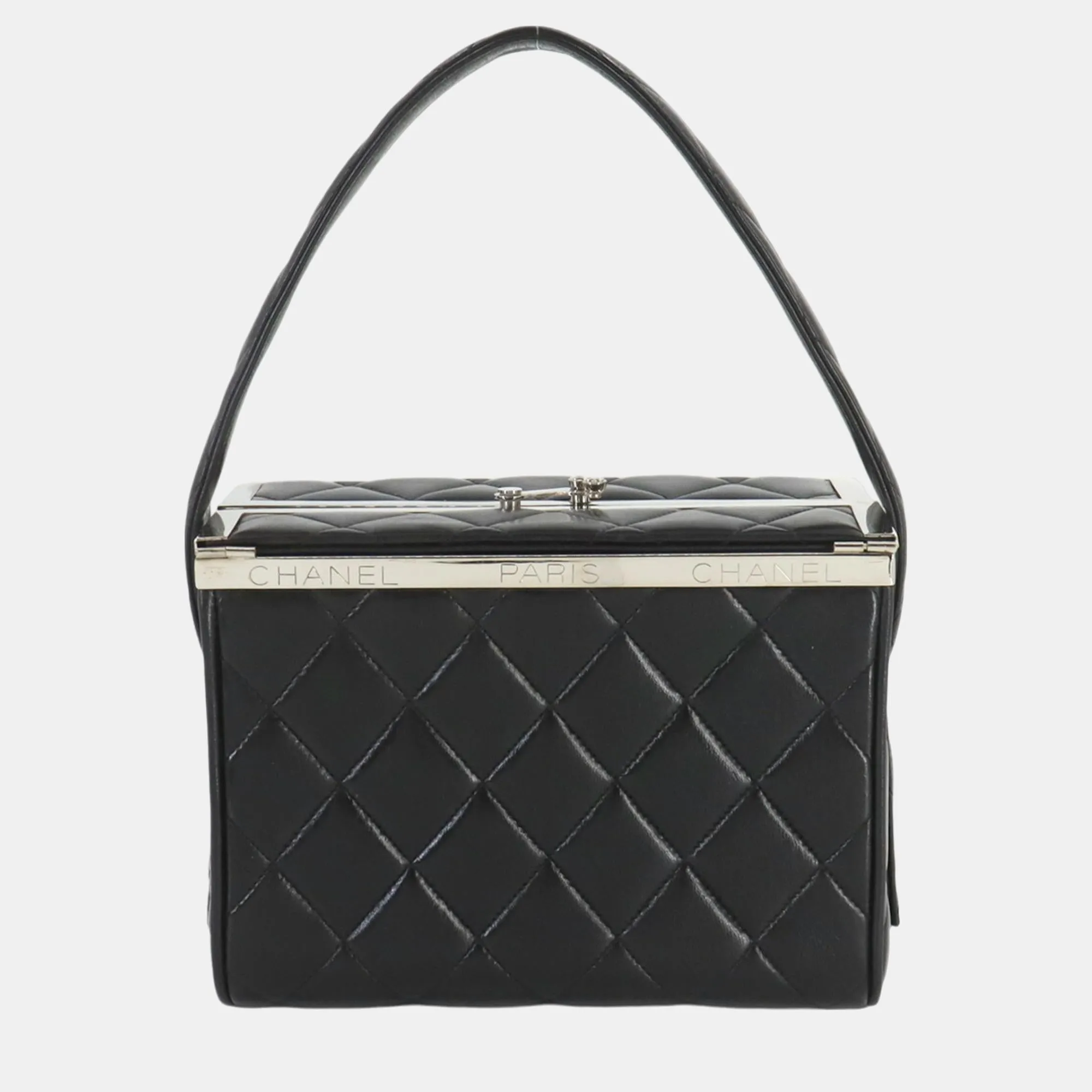 Black Leather Matelasse Vanity Handbag