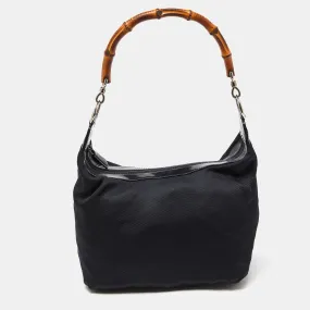 Black Nylon and Patent Leather Bamboo Handle Bag