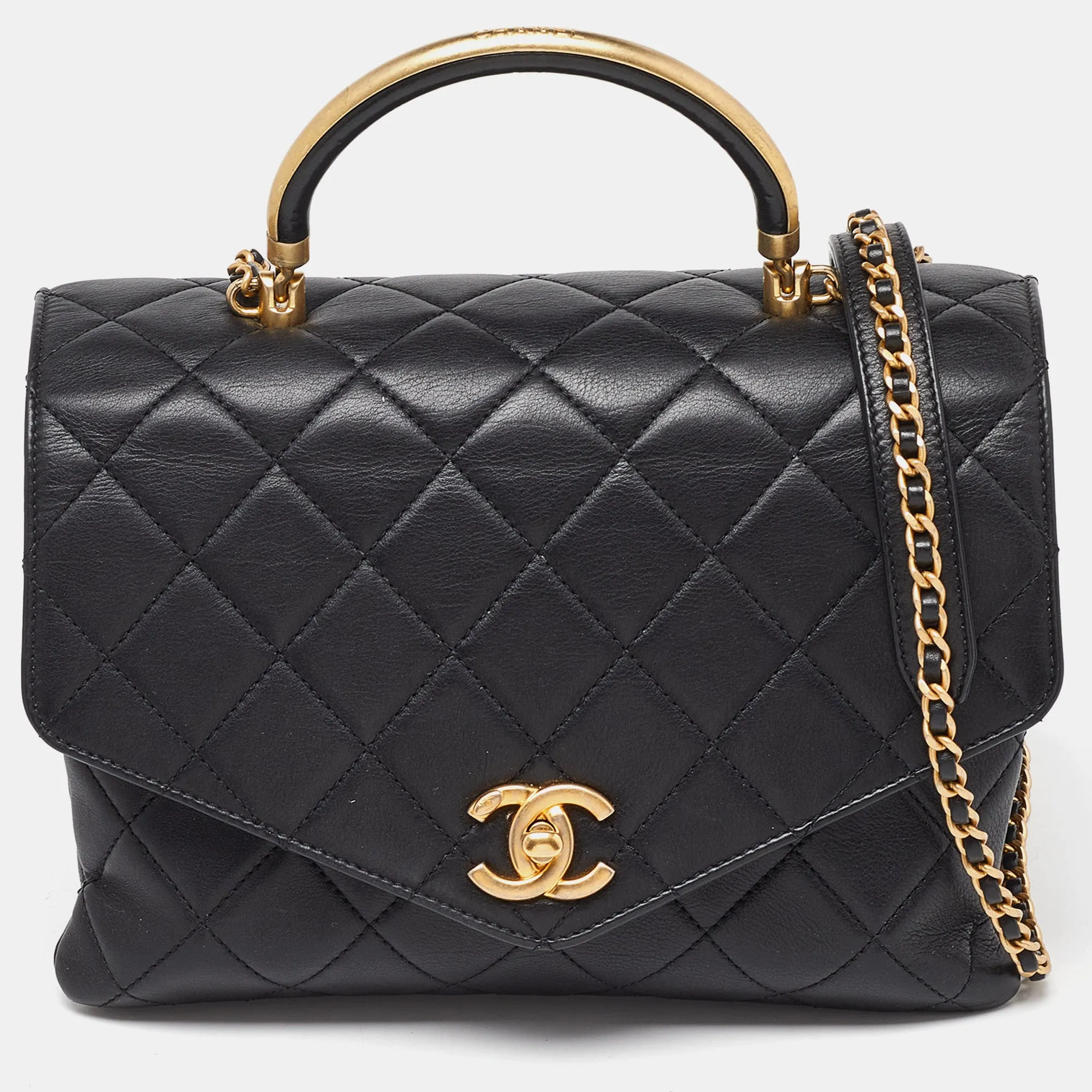 Black Quilted Leather Flap Gold Top Handle Bag