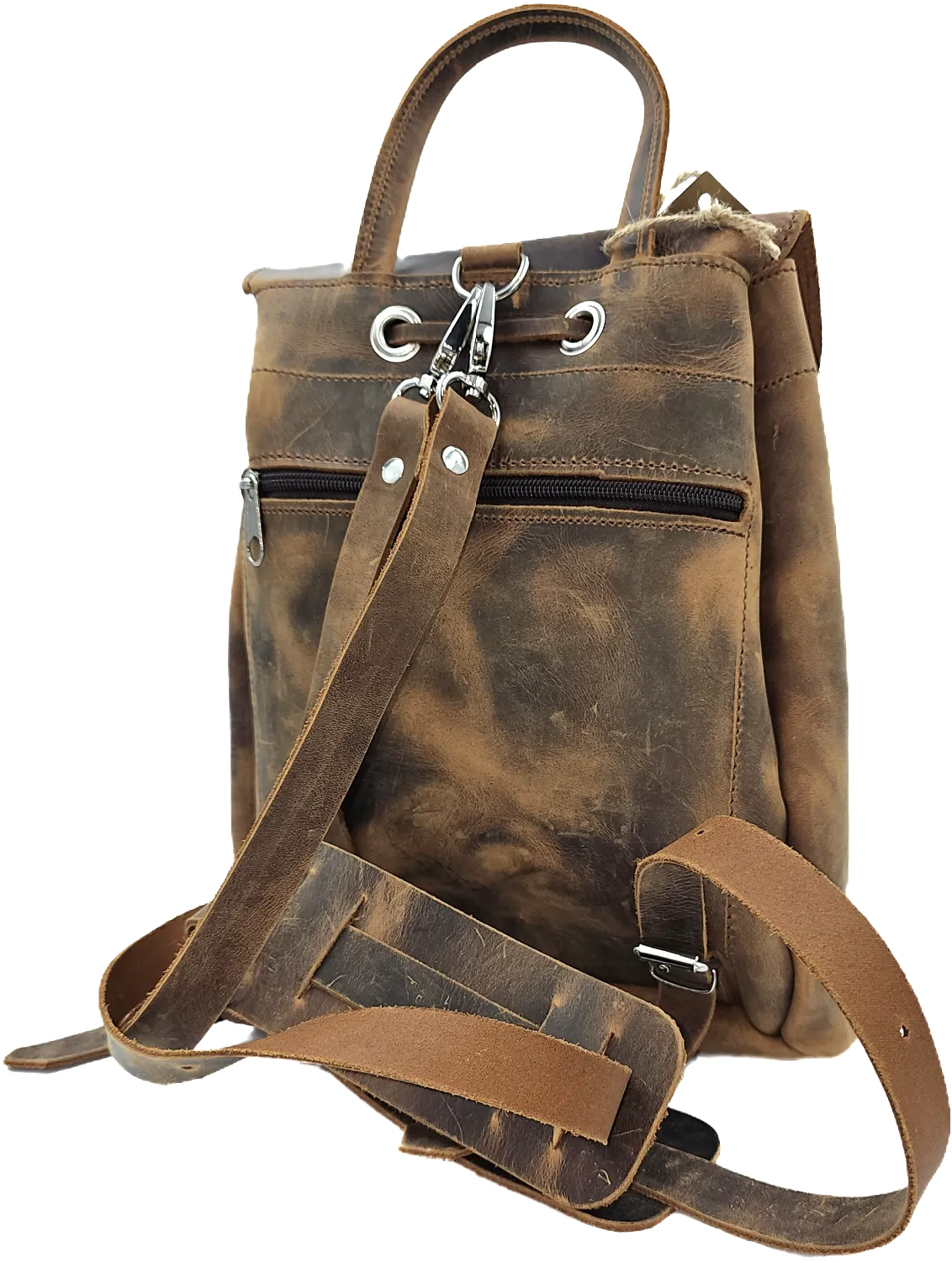 Brown leather backpack bag in dark crazy horse leather