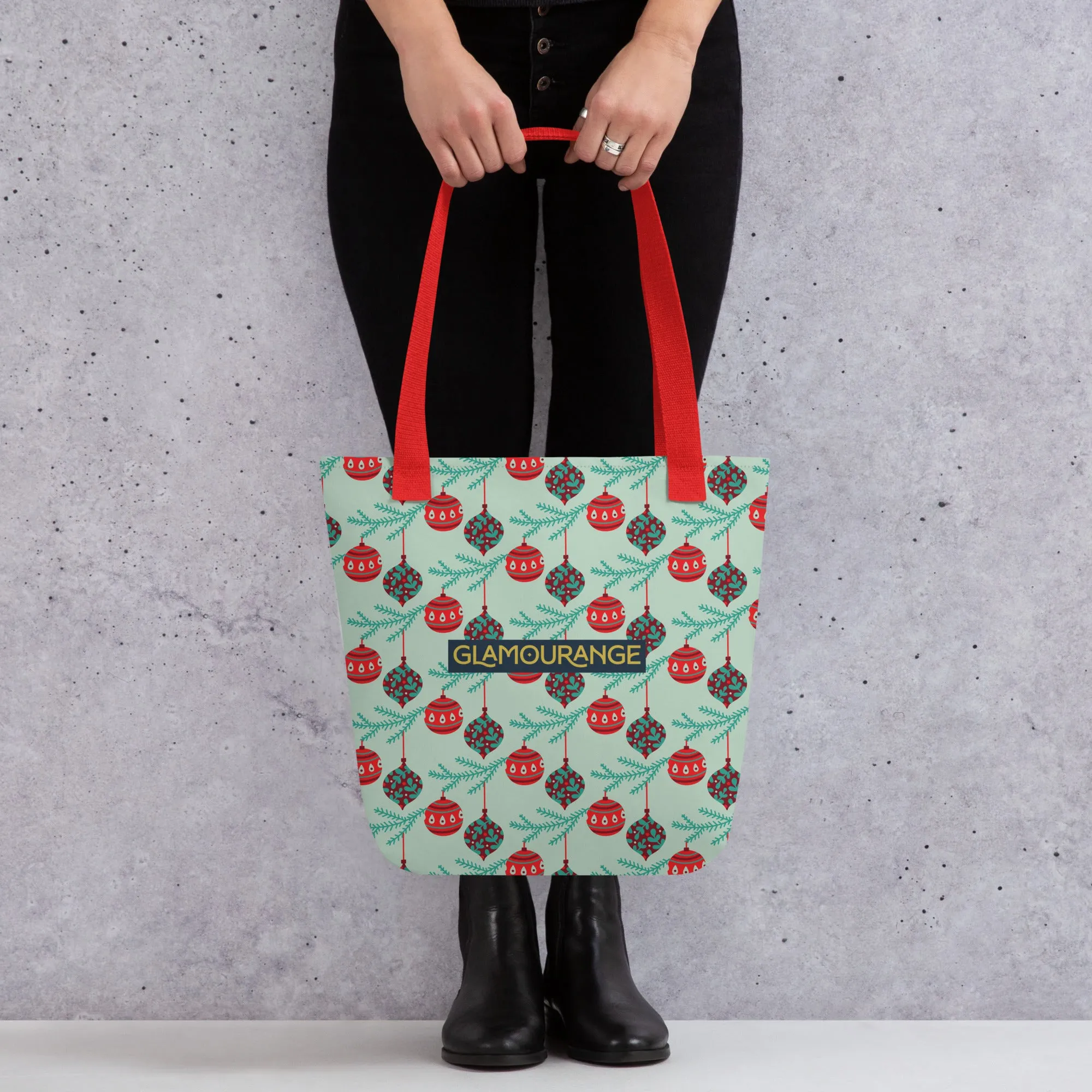 Christmas Tote Bag - Christmas Tree Branch With Ornaments (Glamourange Festive Pattern Christmas Tote Bags)