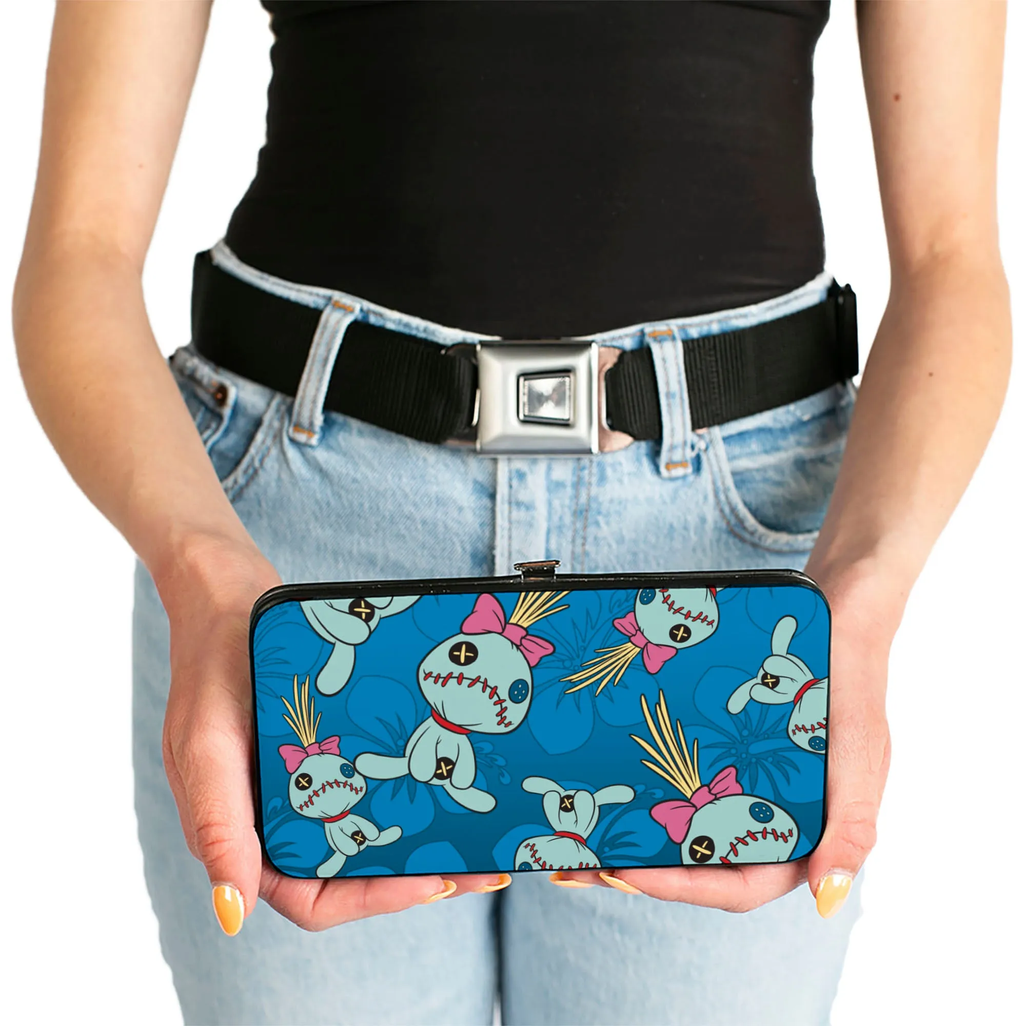 Hinged Wallet - Lilo & Stitch Scrump Pose Hibiscus Flowers Scattered Blues