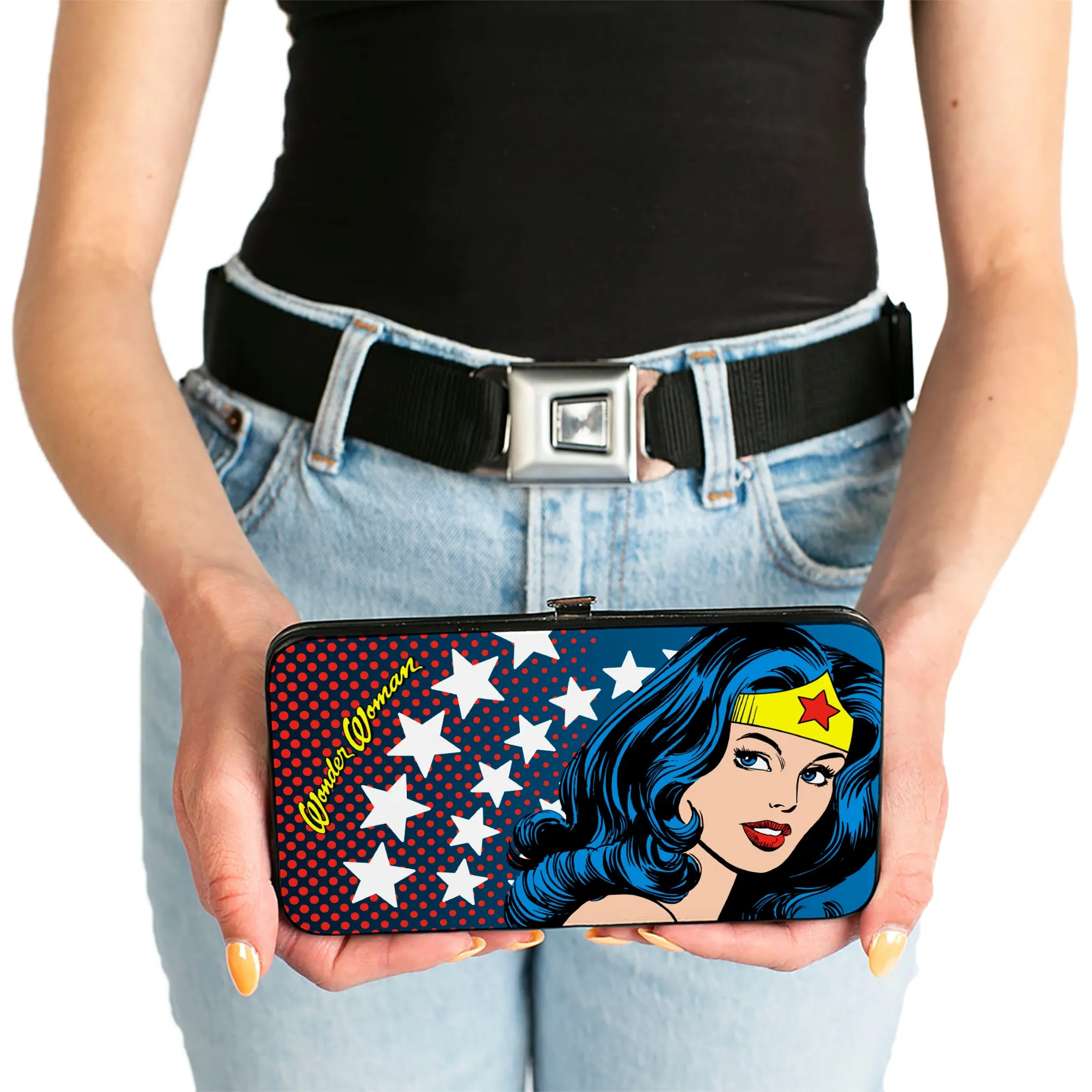 Hinged Wallet - WONDER WOMAN Stars Face Halftone Blues Red Yellow White