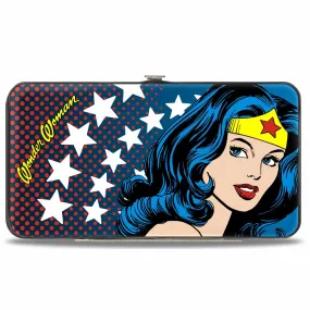 Hinged Wallet - WONDER WOMAN Stars Face Halftone Blues Red Yellow White