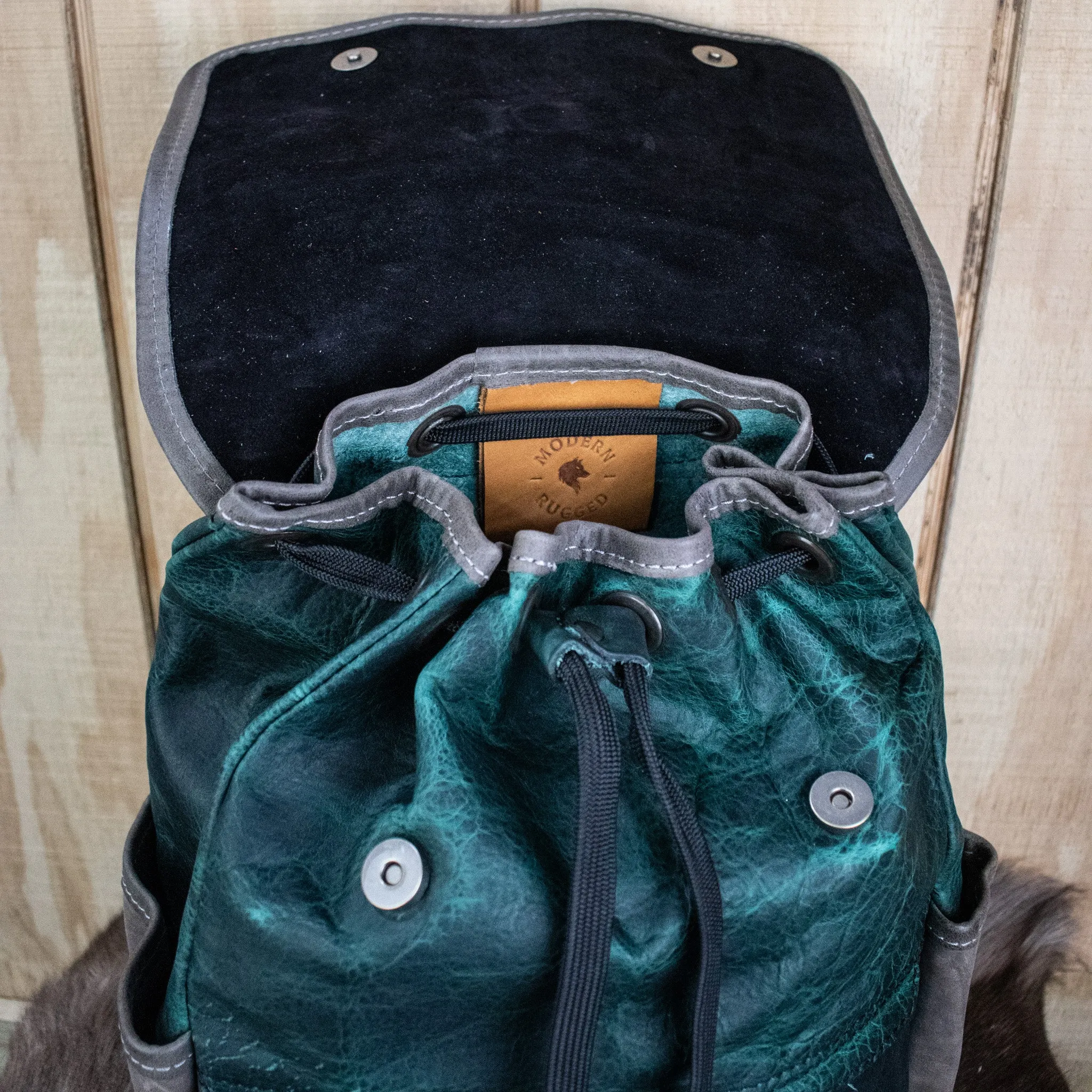 Leather Hide Backpack- Green and Grey (Weathered)