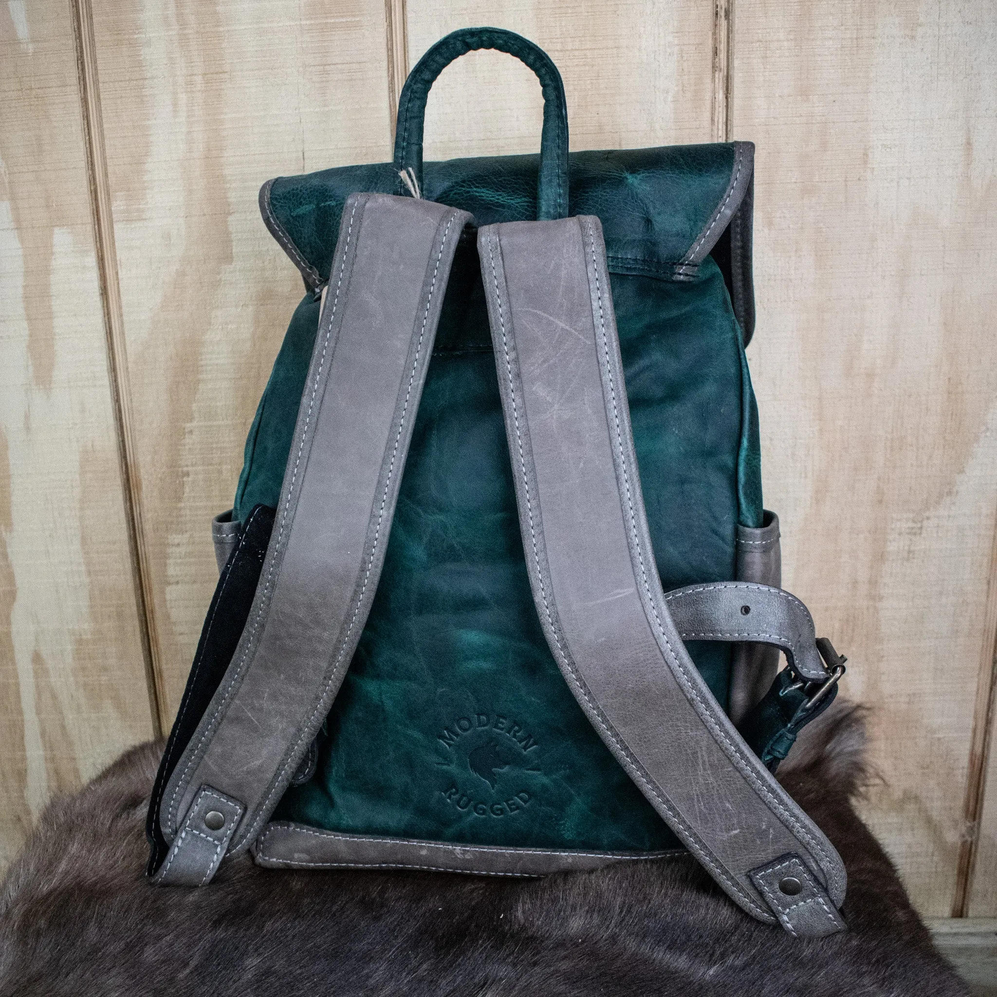 Leather Hide Backpack- Green and Grey (Weathered)