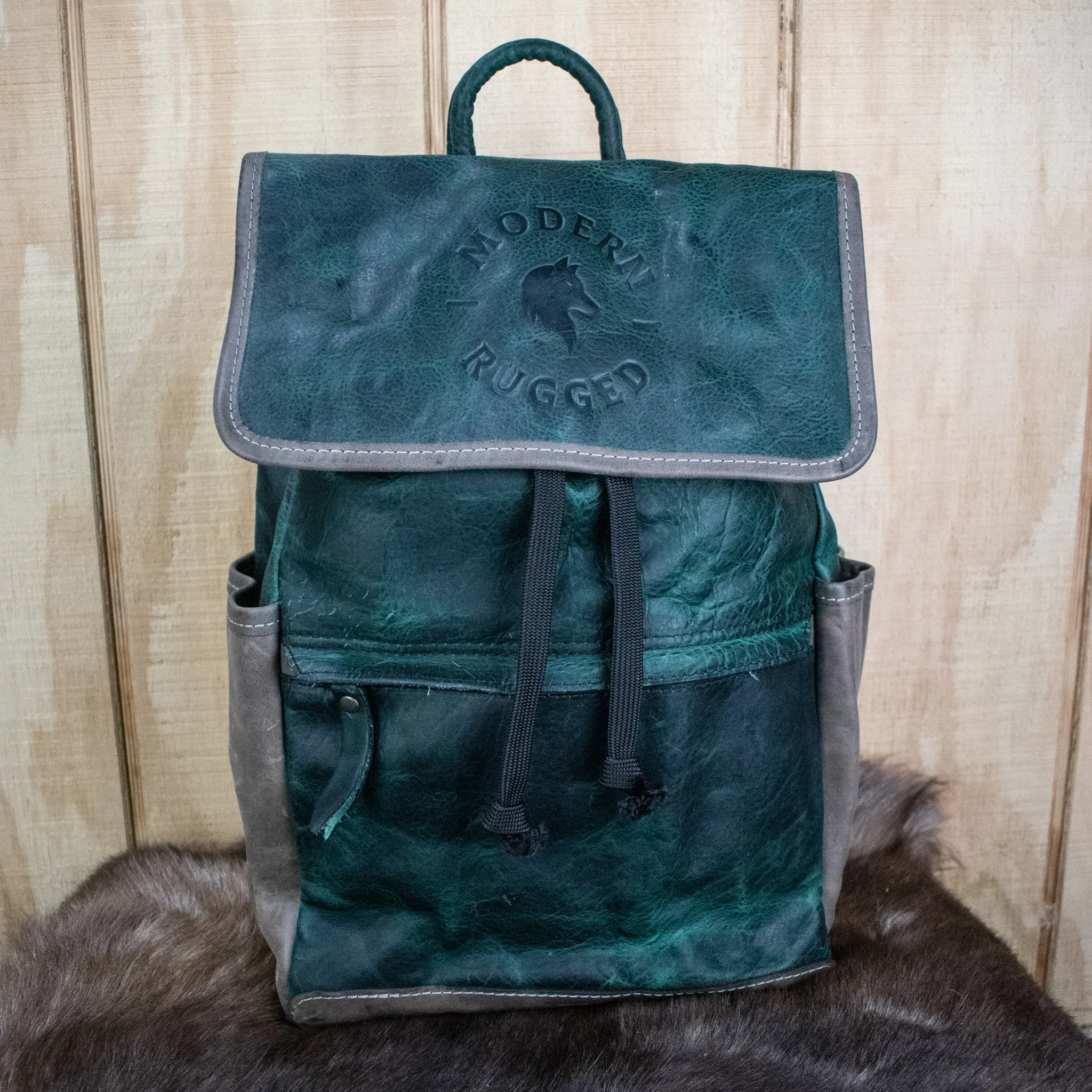 Leather Hide Backpack- Green and Grey (Weathered)