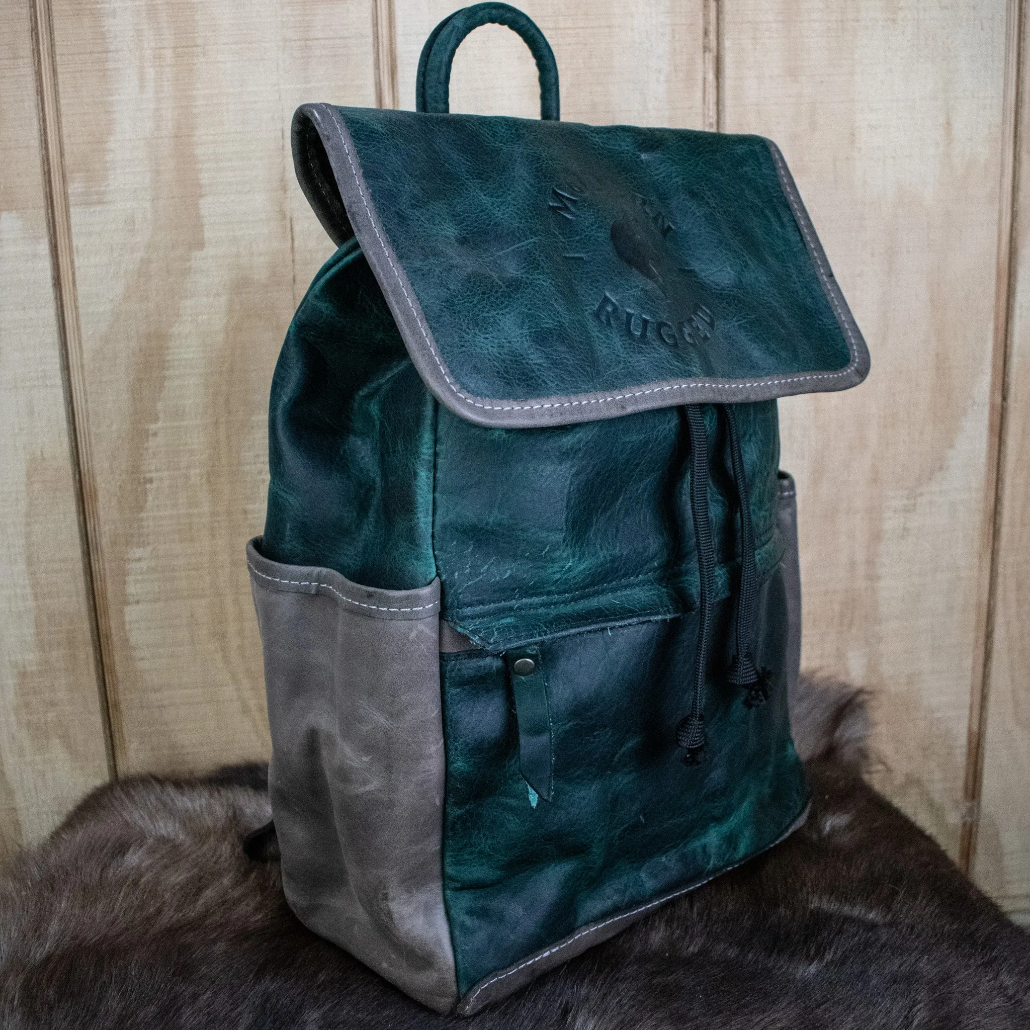 Leather Hide Backpack- Green and Grey (Weathered)