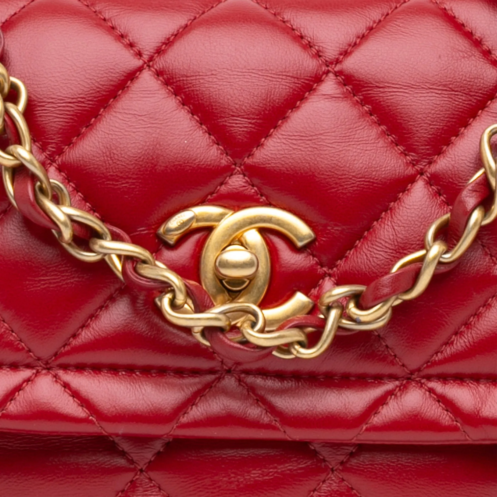 Red Chanel Mini Quilted Lambskin Soft Square Flap Satchel