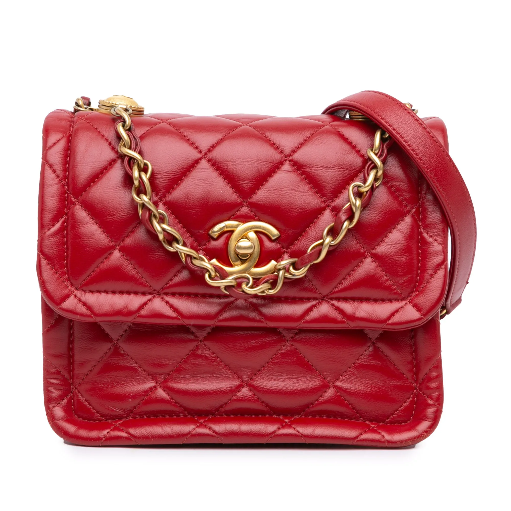 Red Chanel Mini Quilted Lambskin Soft Square Flap Satchel