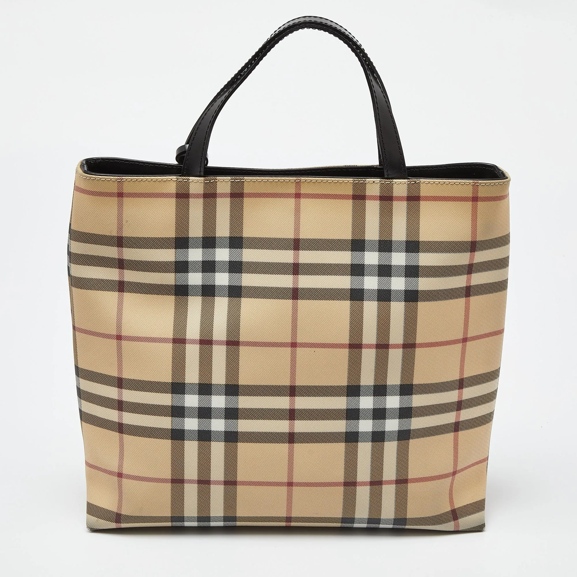 Trendy Inspired Burberry Beige House Check Pvc And Patent Leather Tote