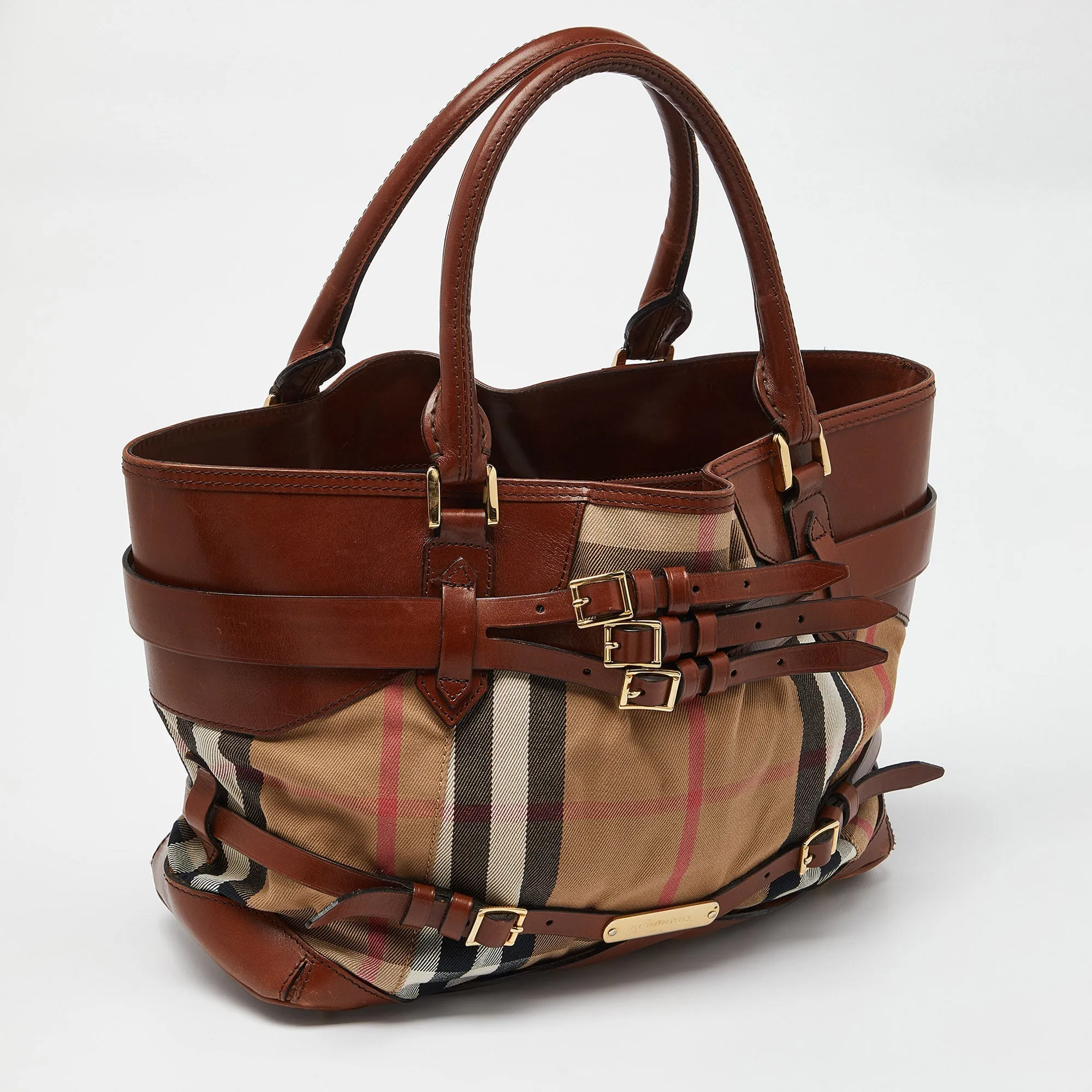 Trendy Inspired Burberry Beige/brown House Check Canvas And Leather Medium Bridle Lynher Tote