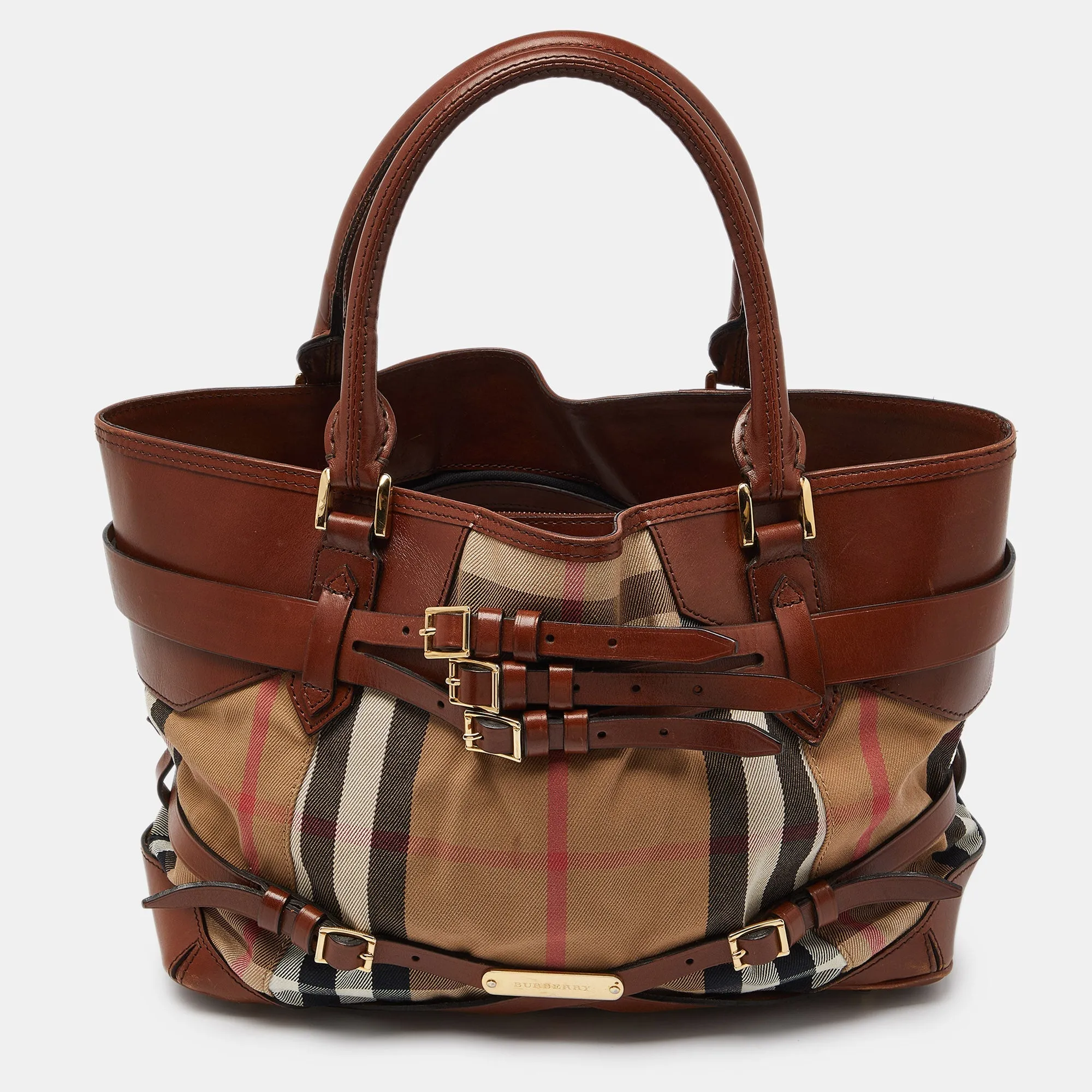 Trendy Inspired Burberry Beige/brown House Check Canvas And Leather Medium Bridle Lynher Tote