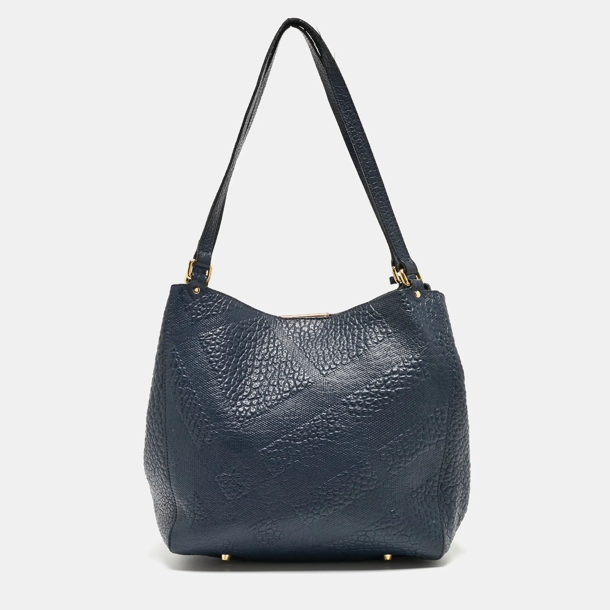 Trendy Inspired Burberry Navy Blue Embossed Leather Canterbury Tote