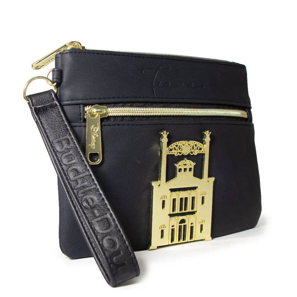 Women's Wallet Double Pocket Wristlet - Tiana Script Debossed Black with Castle Emblem Rose Gold